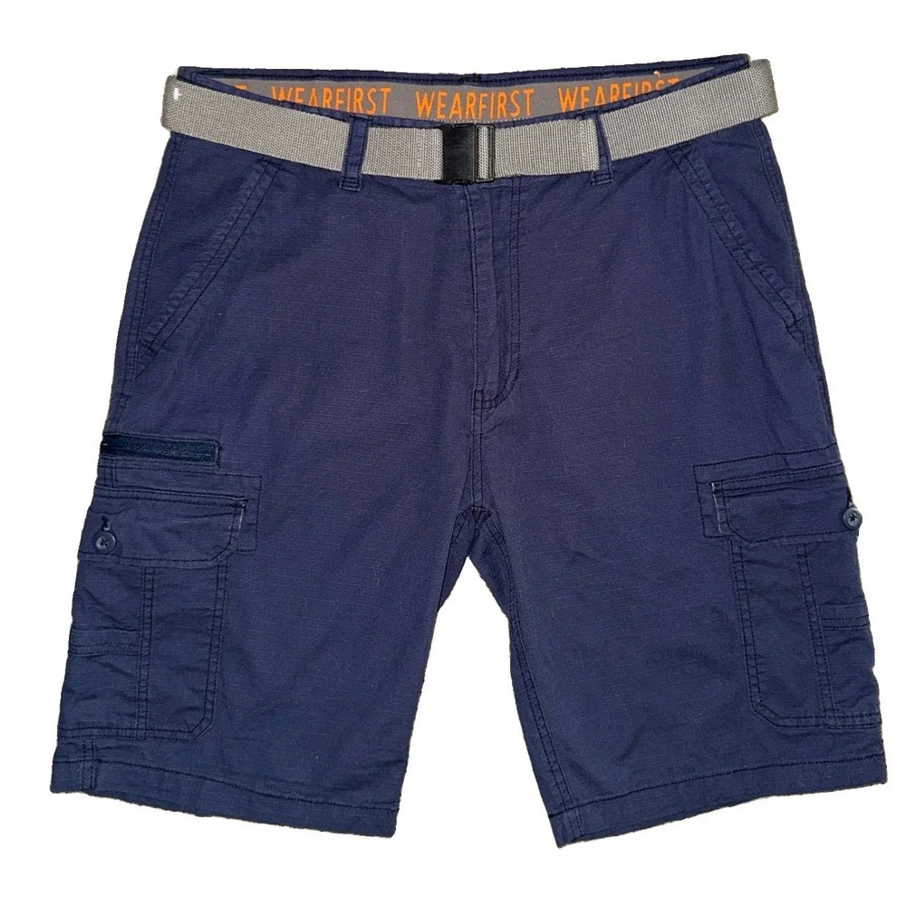 Wearfirst Mens Cargo Shorts 2 Pair Lot Belts Khaki Navy 36 Flex Waist 11